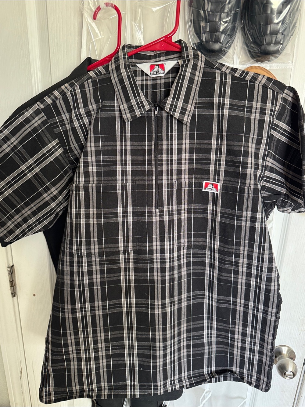 Ben Davis Black and Gray Plaid Short-Sleeve half zip Down Shirt
